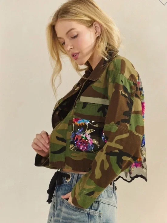 Camo Utility Jacket with Multicolor Sequin Floral Back - Picture 4 of 6